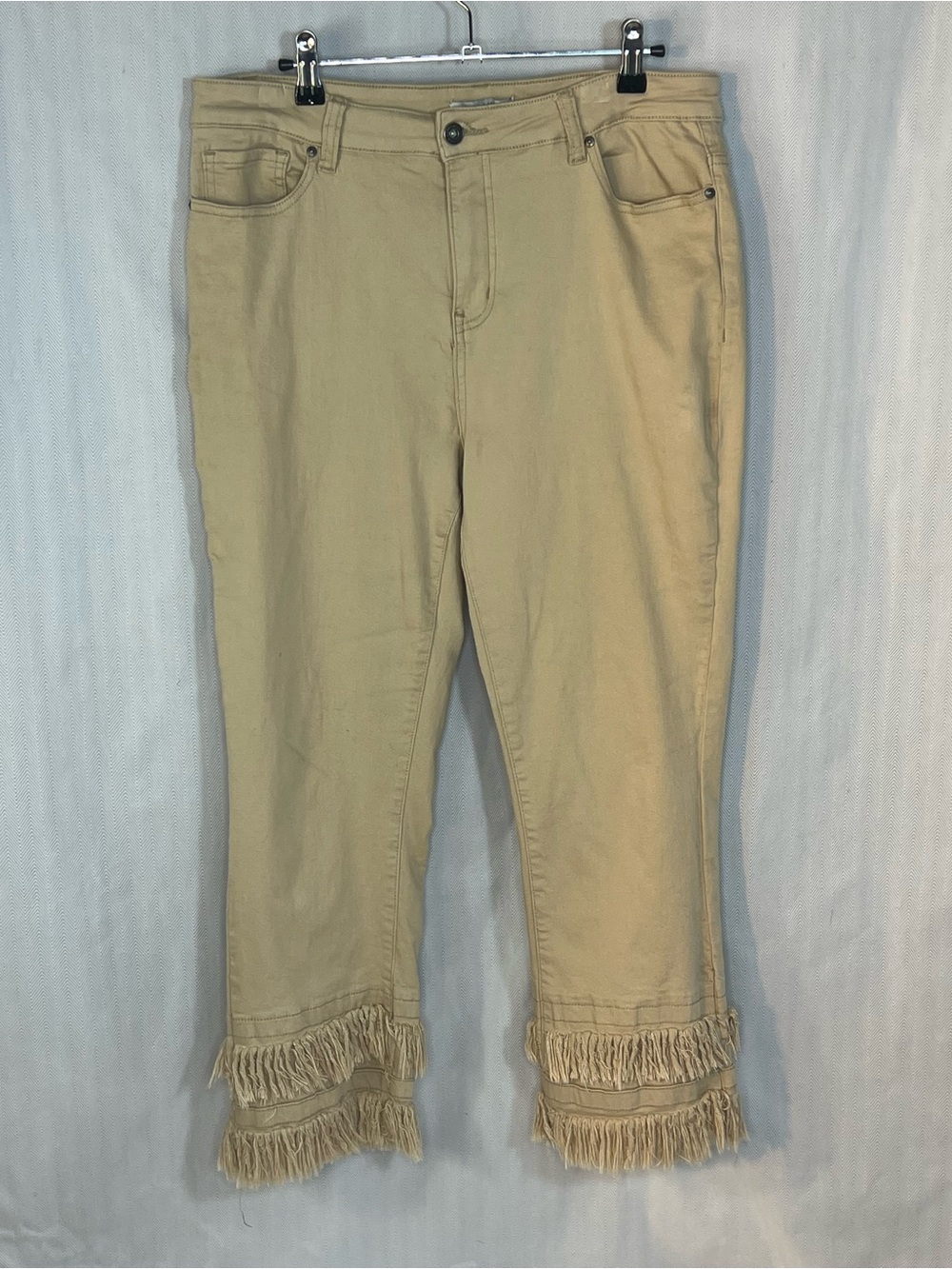 John Mark Tan Jeans Double Fringe Hem Crop Straight Legs 5 Pockets 14 👍
